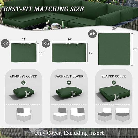 14 Pcs Outdoor Patio Cushion Covers, Replaceable Waterproof Furniture Covers, Outdoor Non-Slip Covers with Zippers, Couch 3 Sizes, Covers Only (Green)