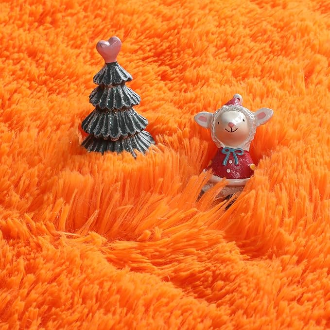 Amdrebio Orange Round Circle Rug 5Ft for Bedroom Living Room, Fluffy Fuzzy Shaggy Area Rugs for Kids Room Decor Aesthetic, Cute Furry Plush Shag Carpet for Baby Nursery Dorm Playroom, Teen Girls Boys