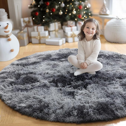 Amdrebio Tie-Dyed Dark Grey Round Rug 4Ft for Bedroom Dorm, Soft Furry Shaggy Circle Area Rugs for Living Room Office, Shag Fluffy Fuzzy Carpet for Kids Teen Boys Mens, Modern Cool Floor Circular Rug