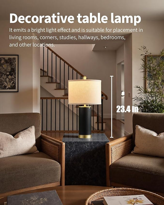 KDG 23.4" Black PU Leather Table Lamps for Living Room Set of 2, 3 Level Brightness LED Modern Home Decor Fabric Lampshade Desk Lamp Lighitng for Bedroom, Bedside, Farmhouse, Nightstand, Night Light