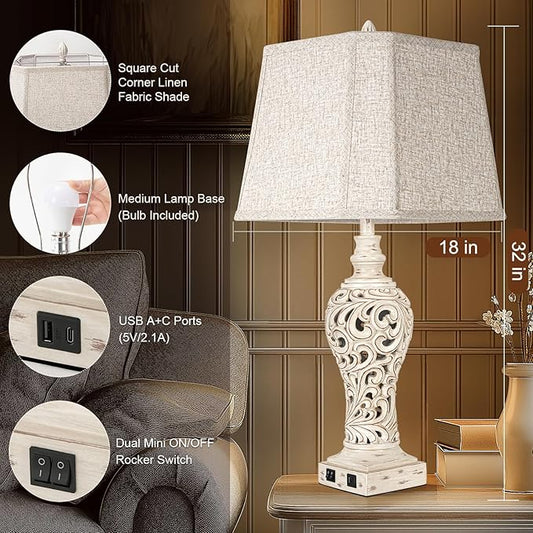 32" Tall Table Lamps Set of 2 - Bedside Lamp with Fabric Shades - for Bedroom and Living Room with USB and Nightlight - Perfect for Nightstands and Bedrooms - Bulbs Included