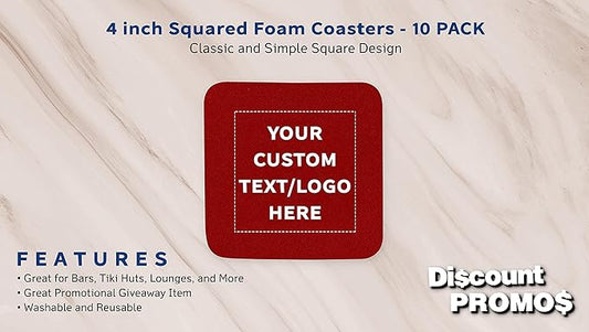10 Squared Foam Coasters Pack, 4 inch - Customizable Text, Logo - PU Foam, Foldable - Red