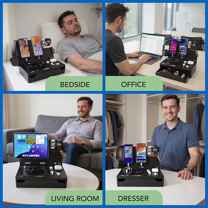 Nightstand Organizer with Drawer- Wood Phone Docking Station- Desk Organizer for Two Phones or Tablet, Watches, Headphone & Accessories- Unique Gifts for Men, Dad or Son (Black)