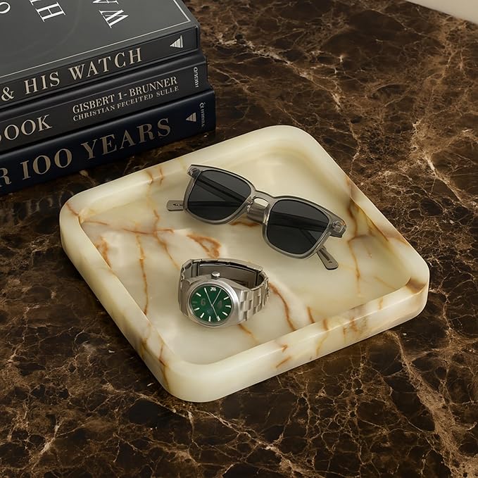 Bey-Berk Genuine Marble Valet Tray, Catch All, Vanity Tray, Marble Desk Organizer (Onyx, 9" x 9")