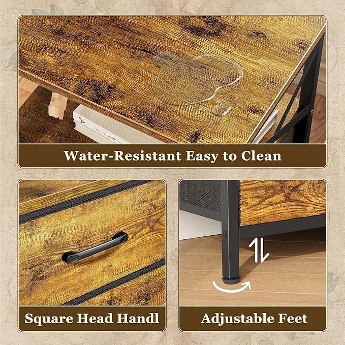 Huuger Night Stand with Charger Station, 2 Drawer Nightstand with Open Shelf, Bed Side Table with USB-C Port, End Table, Compact Size for Small Spaces, X Shaped Side Rail, Brown