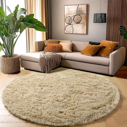 Amdrebio Beige Round Area Rug 4Ft for Bedroom, Machine Washable, Fluffy Plush Shag Furry Circle Rugs for Kids Room, Living Room Decor Aesthetic, Cute Fuzzy Carpet for Nursery Playroom Dorm Baby Teens