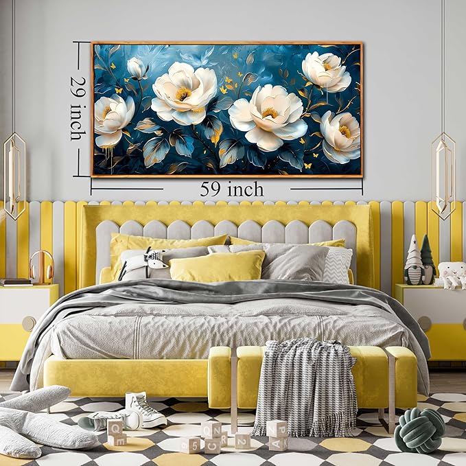 Flower Canvas Wall Art for Living Room - Blue and White Wall Decor for Bedroom - Large Picture Frames for Wall 29" x 59"