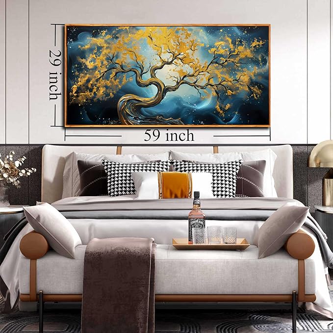 Gold Trees Canvas Painting Wall Art Living Room - Abstract Office Wall Art with Wooden Picture Frames Ready to Hang Size 29" x 59"