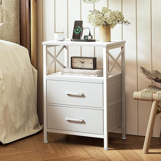 Huuger Nightstands Set of 2, Night Stand with Charger Station, 2 Drawer Side Table with Open Shelf, USB-C Port, End Table for Small Spaces, X Shaped Side Rail, White