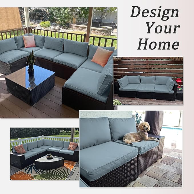 14 Pcs Outdoor Patio Cushion Covers - Replaceable Waterproof Furniture Cover With Zippers, Non-Slip for Couch, 3 Sizes (Light Blue)