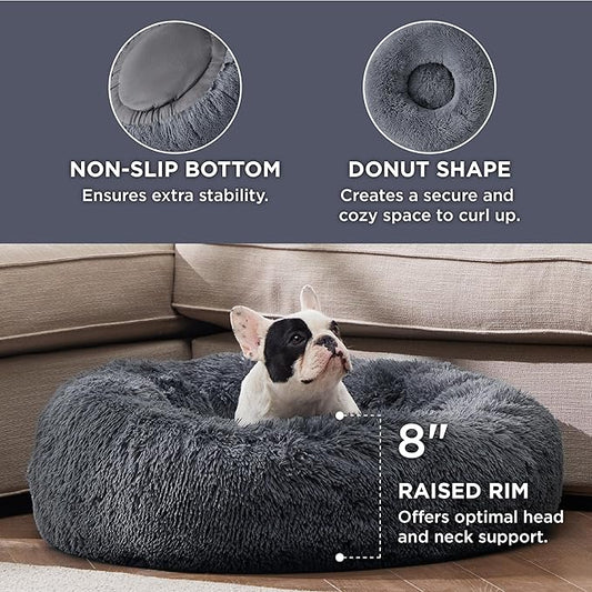 Bedsure Calming Dog Bed for Medium Large Dogs - Donut Washable Large Pet Bed, 33 inches Anti-Slip Round Fluffy Plush Faux Fur Dog Bed, Dark Grey
