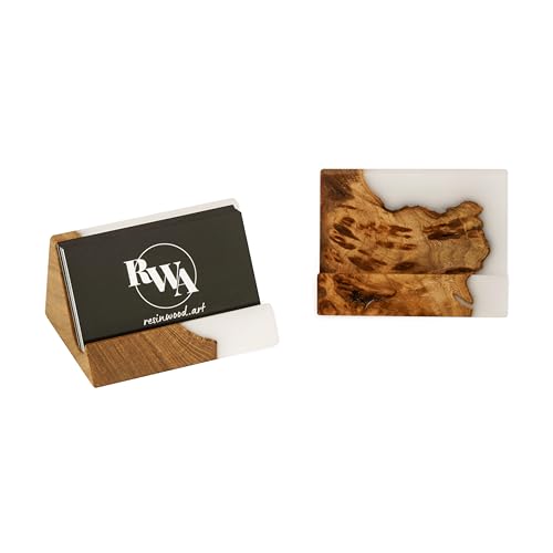 RWA Unique Business Card Holder for Men & Women - Stylish Durable Business Card Display Stand - Premium Desktop Business Card Holders Epoxy Wood Desk Organizer - Office Desk Accessories, BASIC, white