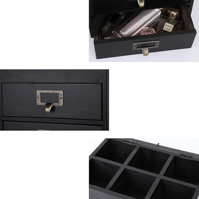 Wooden Storage Box Wooden Desk Organizer with 2 Drawers and 6 Grids Apothecary Drawers Small Wooden Drawers Small Craft Storage Containers Jewelry Holder for women(Glass Black02)
