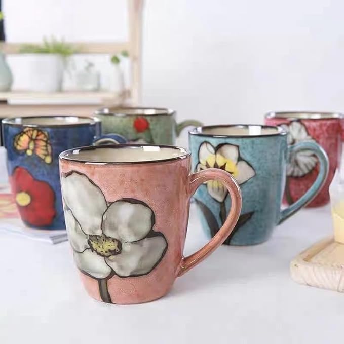 (Coffee mugs set of 4 + 4 Spoons) Hand-painted vintage style,Ceramics 12oz Cappuccino Mug,Tea mugs,Coffee cups,Microwave and Dishwasher Safe, Perfect For Espresso, Latte - Porcelain Mugs for cafe