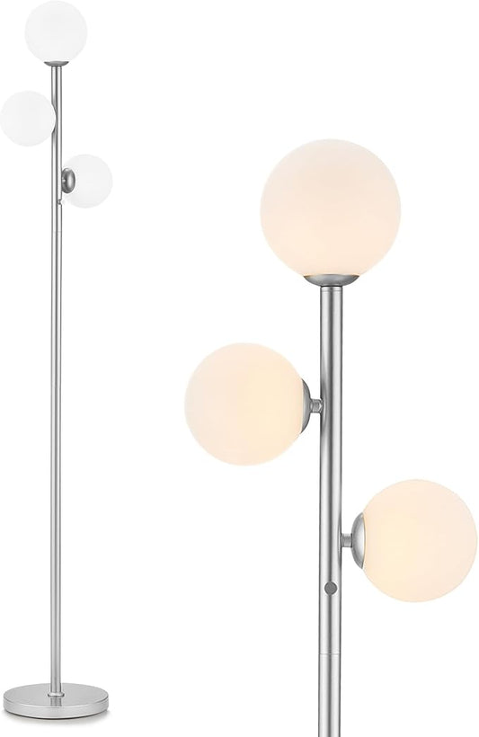 VONLUCE Mid Century Modern Floor Lamp 65", 3 Globe Lights Standing Lamp with LED Bulbs & Frosted Shades, Contemporary Dimmable Tall Pole Lamp for Living Room Bedroom Office, Nickel