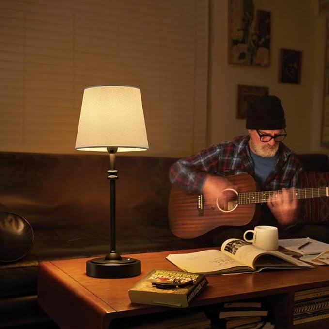 ONEWISH Cordless Table Lamps Set of 2 - Battery Powered Lamp, 4000mAh Rechargeable, Stepless Dimmable, Wireless Lamp with Fabric Shade, Warm Ambient Light for Bedside, Dining, Patio, Bathroom(Black)