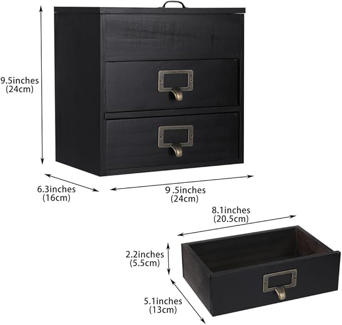 Wooden Storage Box Wooden Desk Organizer with 2 Drawers and 6 Grids Apothecary Drawers Small Wooden Drawers Small Craft Storage Containers Jewelry Holder for women(Glass Black02)