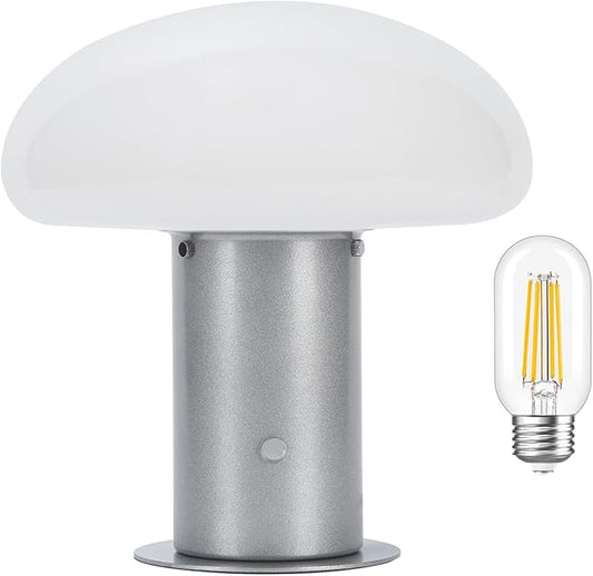 Mushroom Lamp, Retro Table Lamp with Touch Control Switch, 3 Way Dimmable Nightstand Lamp for Bedroom and Living Room, 6W LED Bulb Included (Silver)