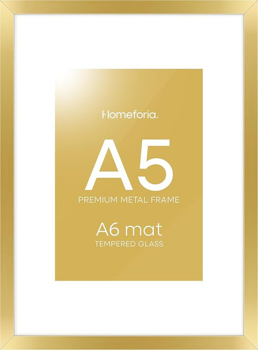 Homeforia A5 Picture Frame Gold, High End Metal 5.8 x 8.3 Frames Matted to 4.1 by 5.8 inch Photo, A5 Frame with Mat A6, 5.8x8.3 Poster Frames, 8.3x5.8 Display Frame, Tempered Glass, Wall Kit, Set of 1