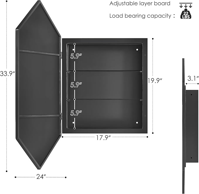 SogesHome Bathroom Medicine Cabinet with Mirror, Hexagon Mirror with 3-Tier Cabinet, Stainless Steel Frame and 2 Shelves for Bathroom, Bedroom, Entryway, Black