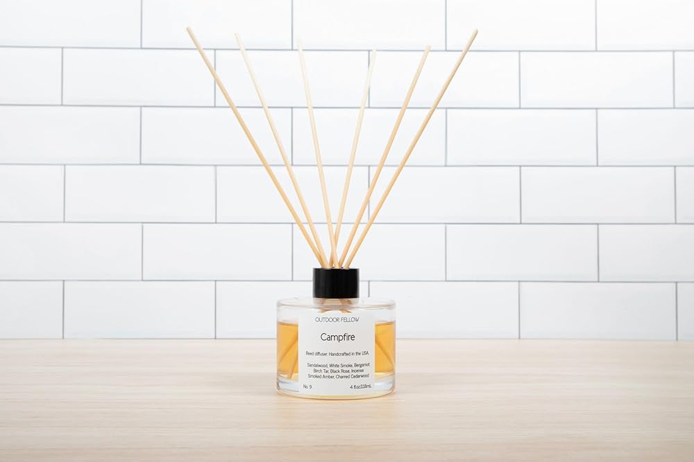 Campfire Reed Diffuser - Sandalwood, Birch Tar, Black Rose, Smoked Amber, Charred Cedarwood - Flameless Home Freshener Diffuser with Sticks, 4 fl. oz.