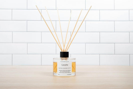 Campfire Reed Diffuser - Sandalwood, Birch Tar, Black Rose, Smoked Amber, Charred Cedarwood - Flameless Home Freshener Diffuser with Sticks, 4 fl. oz.