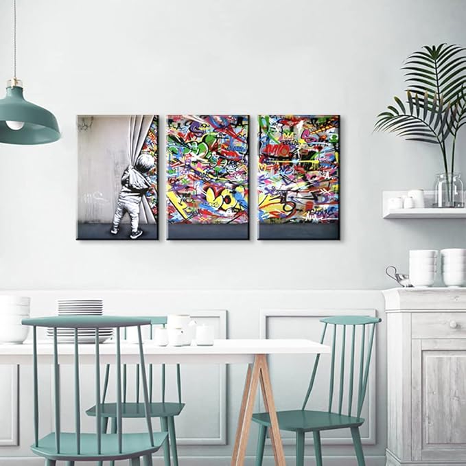 3 Pieces Banksy Wall Art Graffiti Wall Art Behind the Curtain Wall Art Colorful Decor Banksy Canvas Wall Art Pop Art Graffiti Canvas Wall Art Street Art Banksy Canvas for Room Decor (16''Wx24''Hx3PCS)