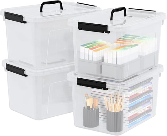 10 Quart Plastic Storage Bins with Lids and Handle, 4 Packs Clear Latching Box