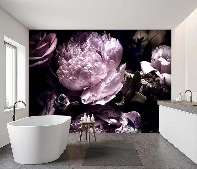 -Black Peony Purple Floral Botanical Fabric Wallpaper Living Room Bedroom Bathroom Dark Flowers Large Wall Mural- 183"x120"（ not Peel and Stick）
