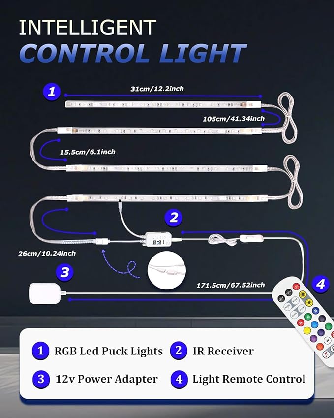 Cefrank Color Cabinet Lighting, 4pcs 12" Linkable RGB LED Light Bar Kit for Display Cabinet, Smart App & Remote Control, Music Sync, Scene Modes, Multi-Colors