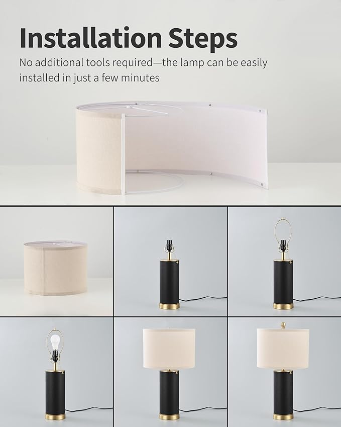 KDG 23.4" Black PU Leather Table Lamps for Living Room Set of 2, 3 Level Brightness LED Modern Home Decor Fabric Lampshade Desk Lamp Lighitng for Bedroom, Bedside, Farmhouse, Nightstand, Night Light