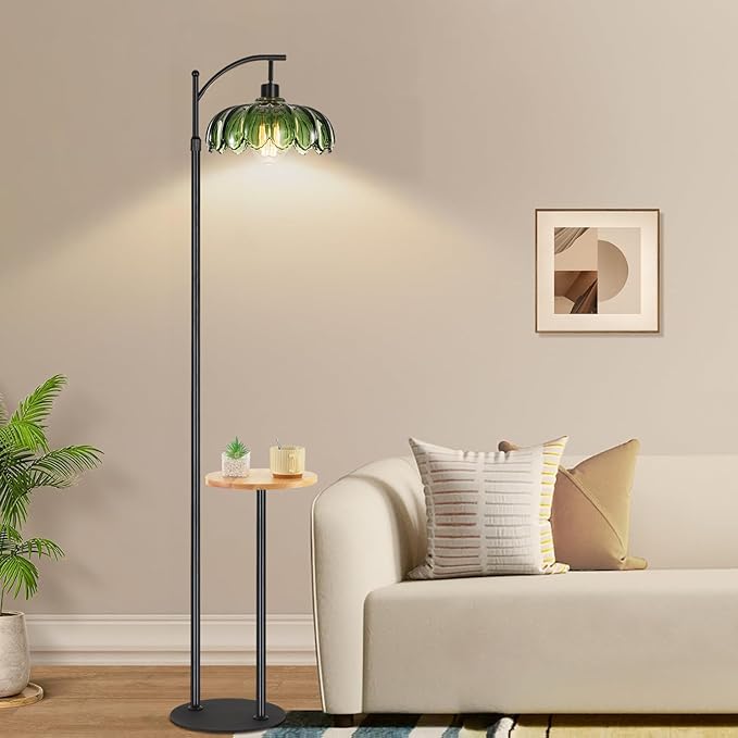 Arc Floor Lamp with Table and Shelves,Black Floor Lamp for Bedroom Glass Floor Lamps with Remote Control & 3 Color Temperature,Modern Standing Lamp Tall Flower Floor Lamps for Living Room Corner
