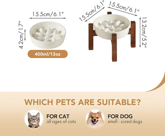 Ceramic 6.1inch Raised Slow Feeder Dog Bowl Set, Elevated Acacia Wood Stand for Small Dogs and Cats, Slow Pet Dish for Fast Eaters, Helps Stop Bloat(1 Bowl & Stand, Vanilla White)
