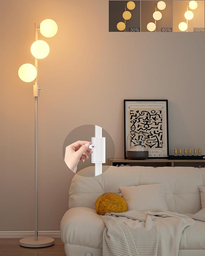 White Globe Floor Lamp Dimmable 64IN Tall Standing Lamps with Soft Warm White Eye Care 3000K G9 Bulbs, Mid Century Modern Floor Lamp for Living Room Bedroom
