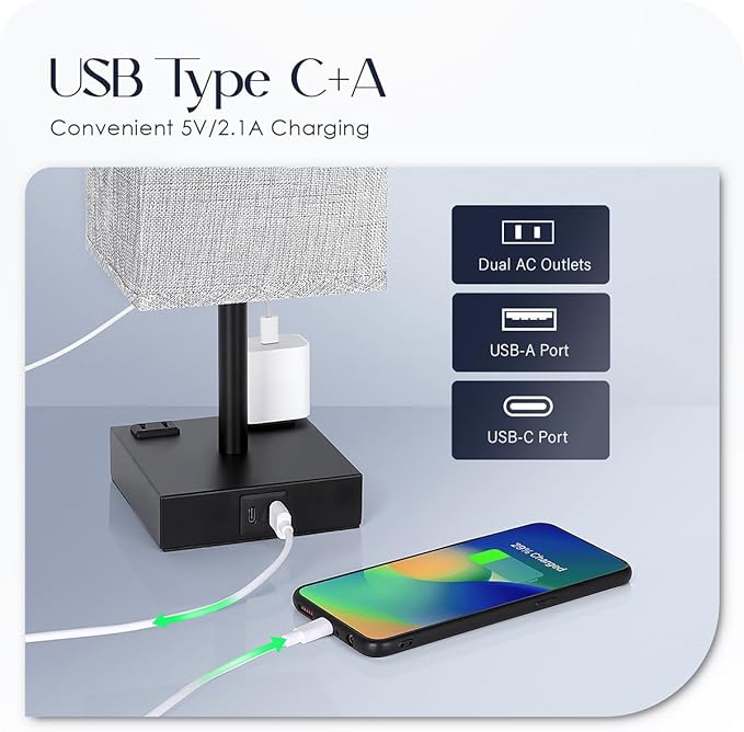 Bedside Table Lamps Set of 2 - Touch Nightstand Lamp for Bedroom with USB C+A Charging Ports & AC Outlets, 3-Way Dimmable Desk Lamp Grey Fabric Shade for Bedroom Living Room, Office(Bulb Included)
