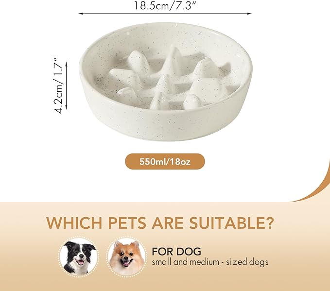 Ceramic 7.3inch Dog Bowl Slow Feeder for Fast Eaters, Slow Pet Food Dish for Small and Medium Dog, Stop Bloat, Preventing Choking(Single Bowl, Vanilla White)