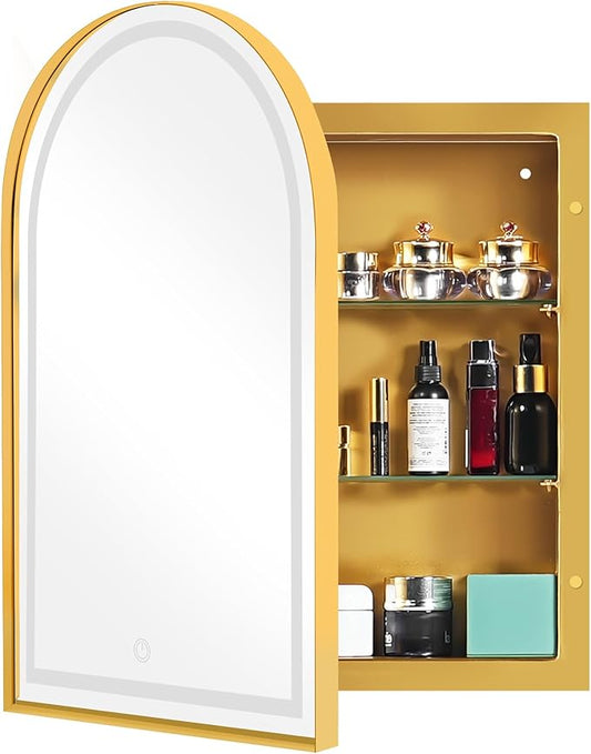 SogesHome Wall Mounted Mirror Medicine Cabinet 36"X24" with LED Lights, Arched Vanity Mirror Storage with Shelves, Modern Decro Recessed Mirror Medicine Cabinet for Bathroom, Bedroom, Gold