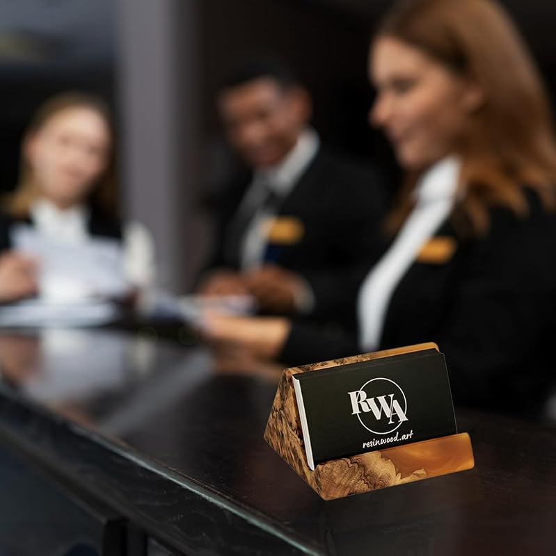 RWA Unique Business Card Holder for Men & Women - Stylish Durable Business Card Display Stand - Premium Desktop Business Card Holders Epoxy Wood Desk Organizer - Office Desk Accessories, BASIC, black