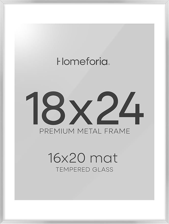 Homeforia 18x24 Poster Frame Silver, High End Metal 18 x 24 Picture Frames with Mat 16 x 20 for Photo, 18x24 Silver Frame Matted to 16x20 Print, 24x18 Hanging Frame, Tempered Glass, Wall Kit, Set of 1