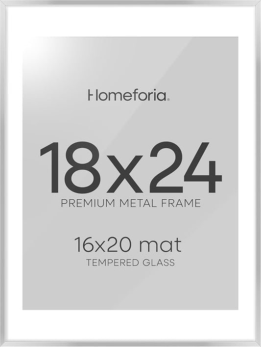Homeforia 18x24 Poster Frame Silver, High End Metal 18 x 24 Picture Frames with Mat 16 x 20 for Photo, 18x24 Silver Frame Matted to 16x20 Print, 24x18 Hanging Frame, Tempered Glass, Wall Kit, Set of 1