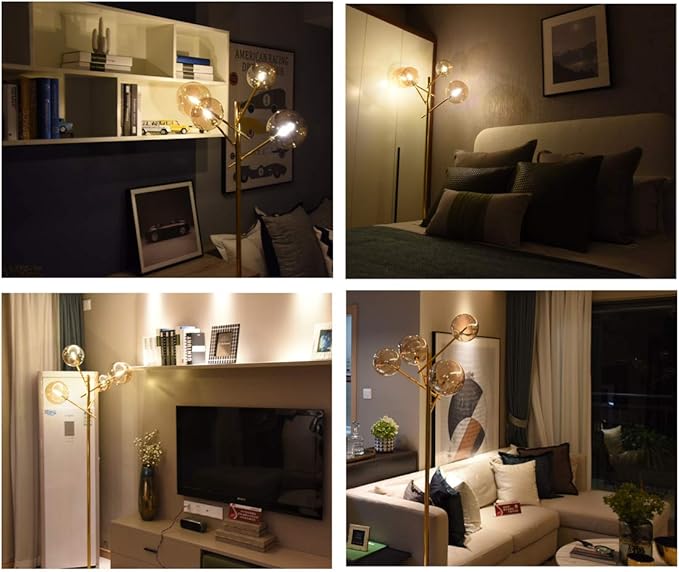 TD00145 Sputnik Chandelier Floor Lamp for Bedroom,4-Lights Glass Shade Floor Lamps for Living Room,Brass/Gold