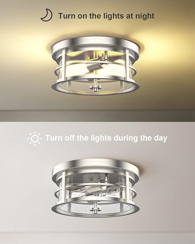 EAPUDUN Flush Mount Ceiling Light, 12inch 2-Light Modern Close to Ceiling Light Fixture, Brushed Nickel Finish with Clear Glass Shade for Hallway Entryway Bedroom Porch FMA1412-BNK