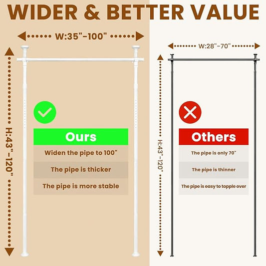 No Drill Curtain Rods for Room Divider, Adjustable Tension Rod 35-100" W x 43-120" H, for Partition Room Dividers,White