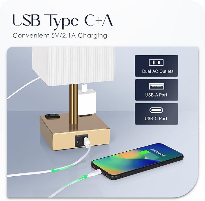 Soilsiu Set of 2 Bedside Table Lamp 3 Way Dimmable Nightstand Lamp with USB C & USB A Charging Port, 2 AC Outlets, 3000K LED Bulbs (Pleate)