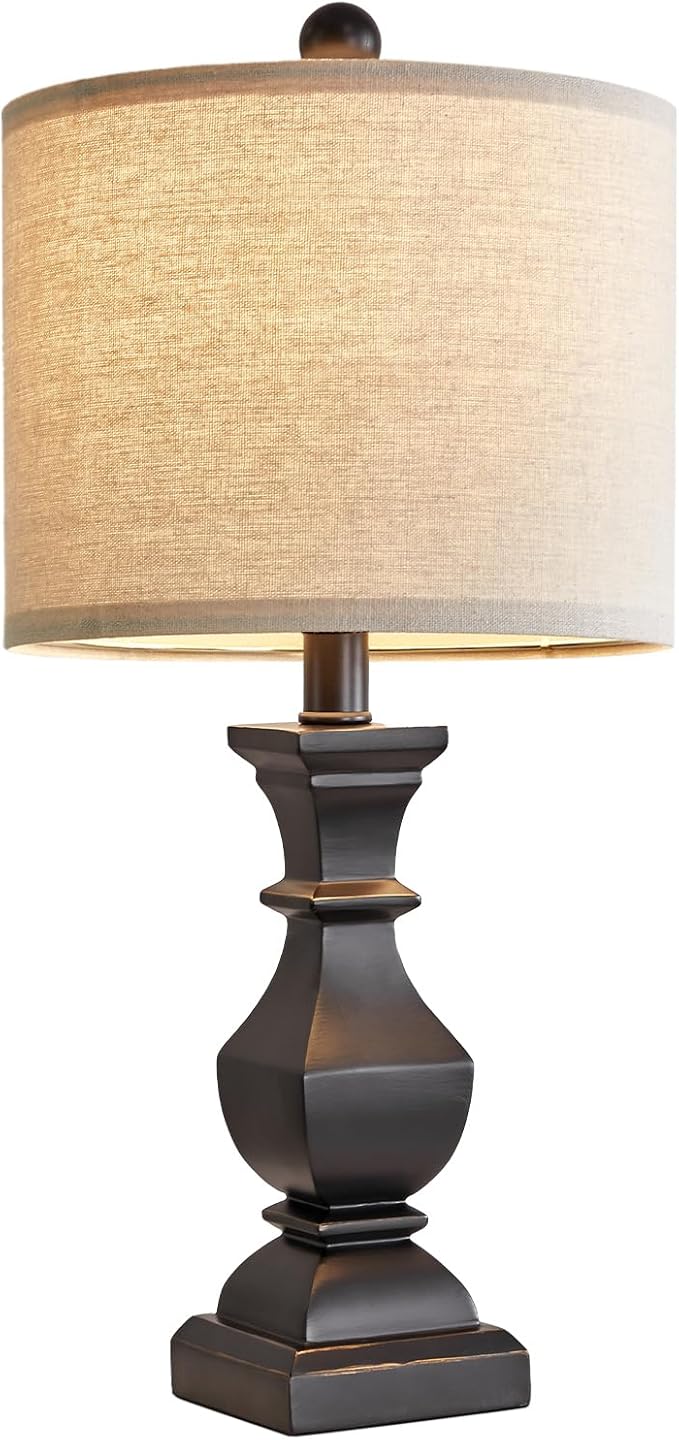 PoKat 20.5'' Bedside Table Lamp for Bedroom Nightstand - Farmhouse Lamp for Living Room, Black Night Stand Light Lamp with Round Linen Shade, Vintage Bedroom Lamp, Suitable for Small Place
