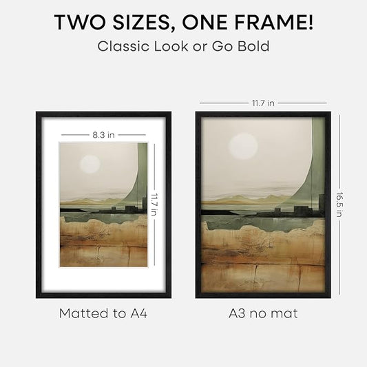Homeforia A3 Picture Frame Black Wood, High-End Oak 11.7 x 16.5 Black Poster Frames Matted to 8.3 by 11.7 Photo, 11.7x16.5 Size Wooden Frame with Mat 8.3x11.7 Print, Tempered Glass, Wall Kit, Set of 1
