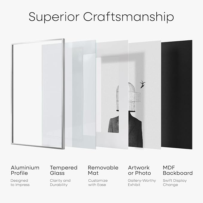 Homeforia 8.5x11 Picture Frame Silver, High End Metal 8.5 x 11 Poster Frames with Mat 6 by 8 Photo, 11x8.5 Frame Matted to 6x8 Print, 8.5by11 Wall or Tabletop Frame, Tempered Glass, Wall Kit, Set of 1