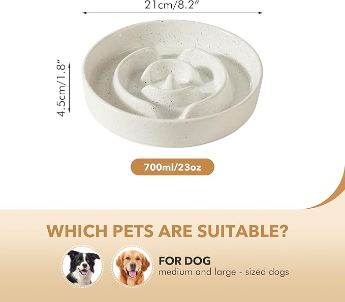 Ceramic 8.2inch Dog Bowl Slow Feeder for Medium and Large Dog, Pet Slow Dish, Stop Bloat, Preventing Choking(Single Bowl, Vanilla White)