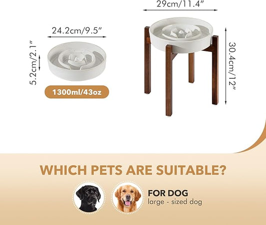 Ceramic 9.5inch Raised Slow Feeder Dog Bowl Set, Elevated Acacia Wood Stand for Large Dog, Slow Dish, Preventing Choking(Single Bowl+ Stand, Reactived Glaze -White)