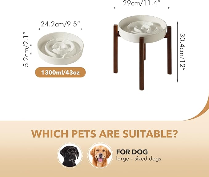 Ceramic 9.5inch Raised Slow Feeder Dog Bowl Set, Elevated Acacia Wood Stand for Large Dogs, Slow Pet Dish, Stop Bloat(Single Bowl+ Stand, Vanilla White)